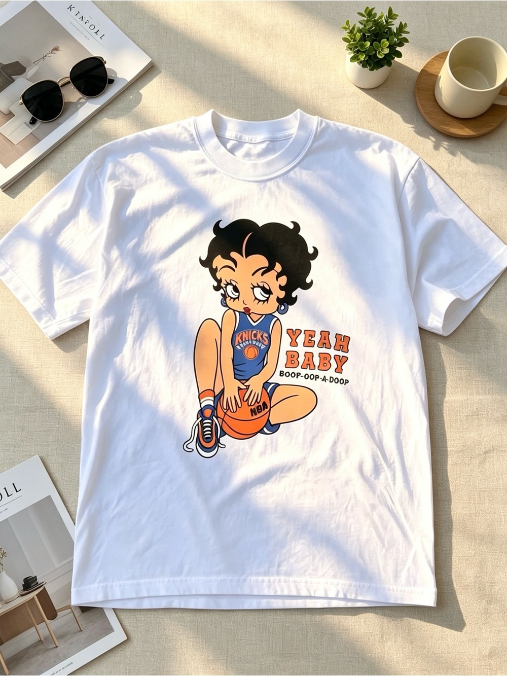 White 'Yeah Baby' Graphic Short Sleeve Tee - Knicks Basketball Design